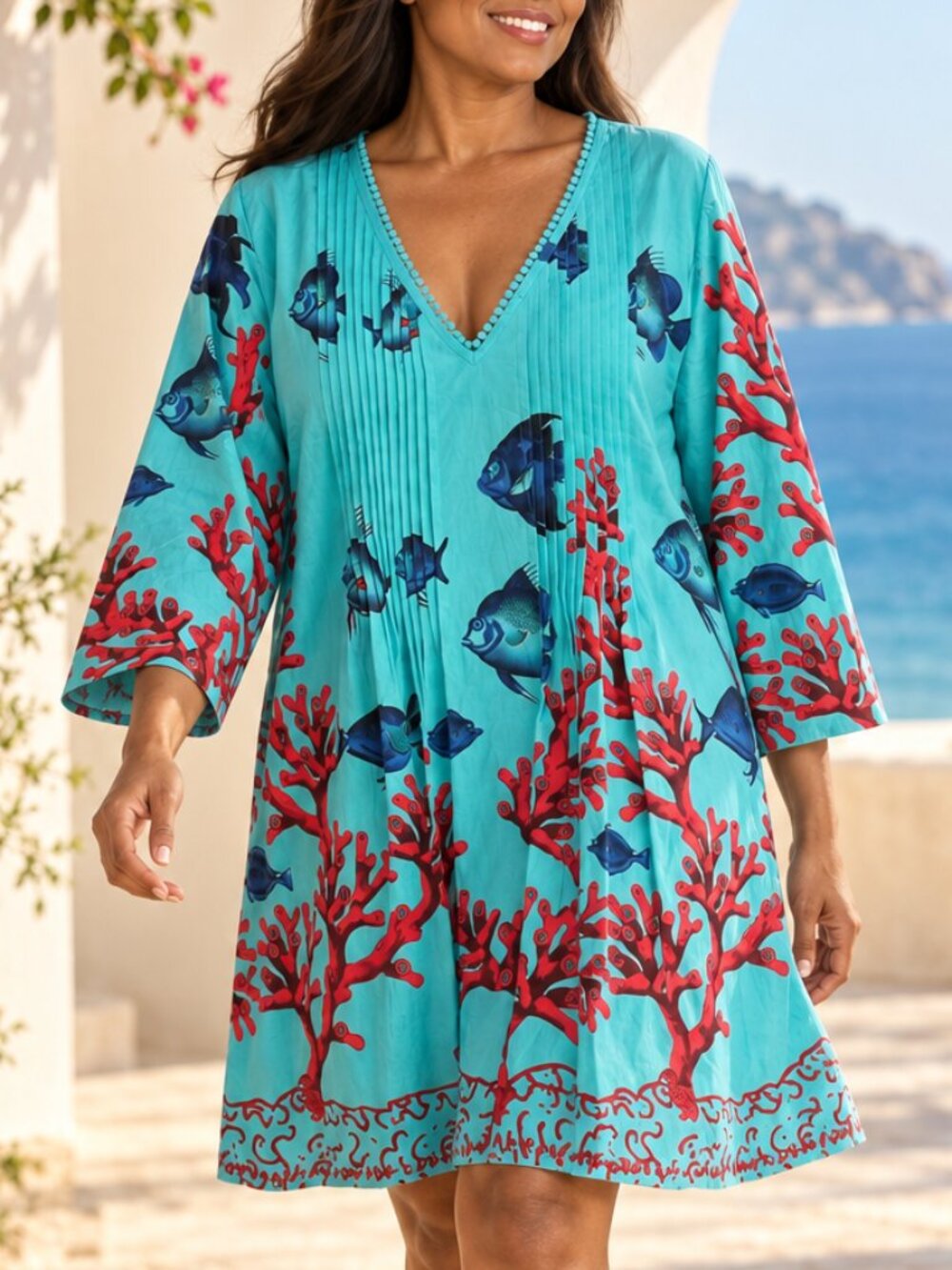 Soft Surroundings Turquoise Coral Reef Fish Boho Cotton Tunic Dress Petite XL